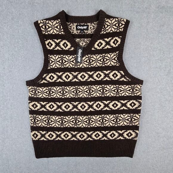NWT OnlyNY Sweater Vest Mens Size Large V Neck 70% Lamb Wool Brown Beige - Picture 1 of 14
